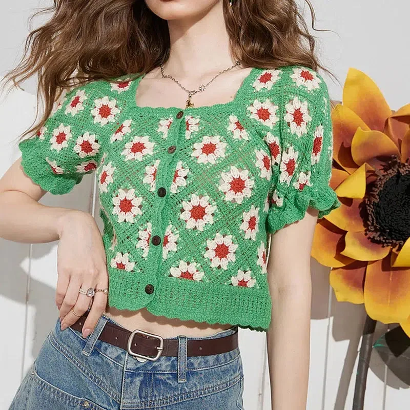 Brownm Floral Crochet Cardigan