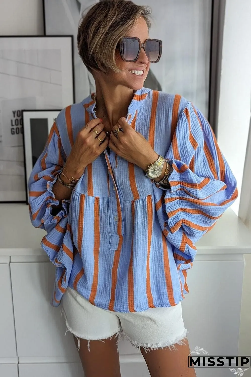 Sky Blue Stripe Crinckled Ruffled Sleeve Button up Loose Shirt