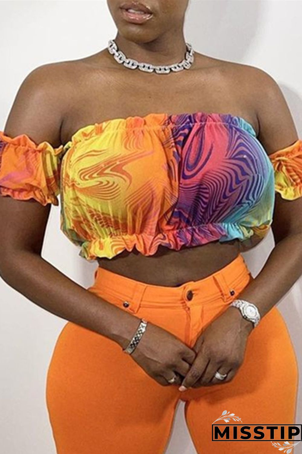 Colour Sexy Casual Print Tie Dye Backless Off the Shoulder Tops