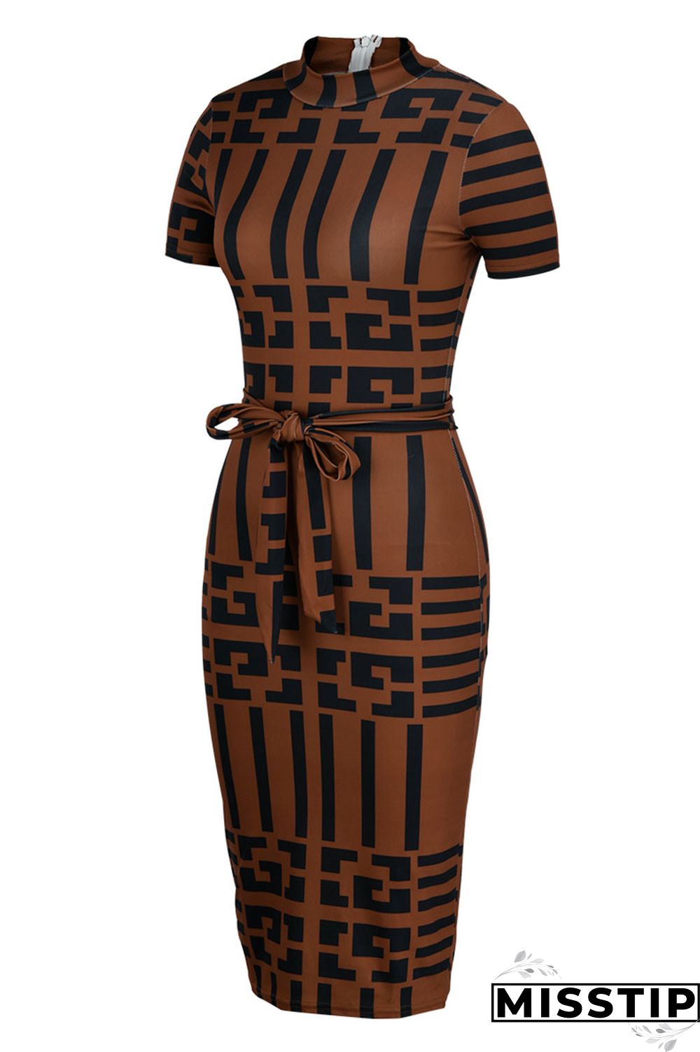 Brown Fashion Casual Print With Belt Turtleneck Short Sleeve Dress Dresses