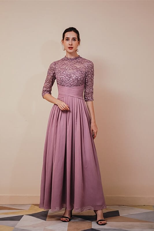 Luluslly Wisteria Half Sleeves Chiffon Evening Dress Long With Lace