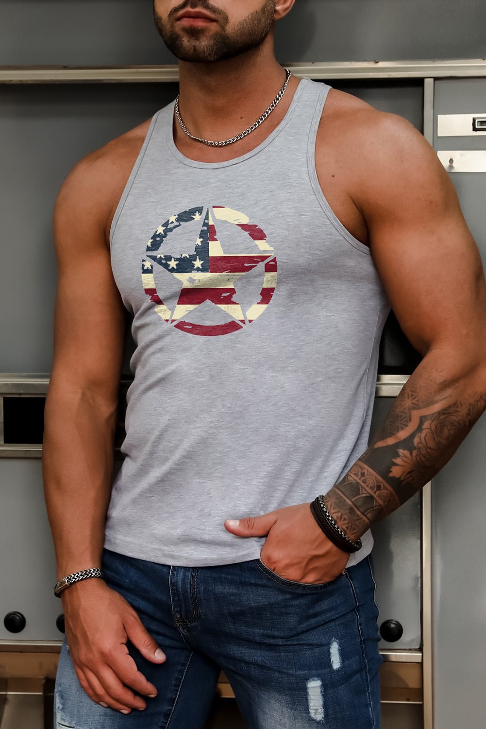American Flag Star Print Slim Fit Men's Tank Top