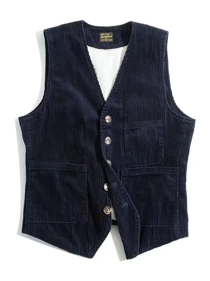 Men's Four Seasons Daily Workwear Striped Vintage Vest Corduroy Single-breasted Undershirt Shoulder Jacket Men's-Cosfine