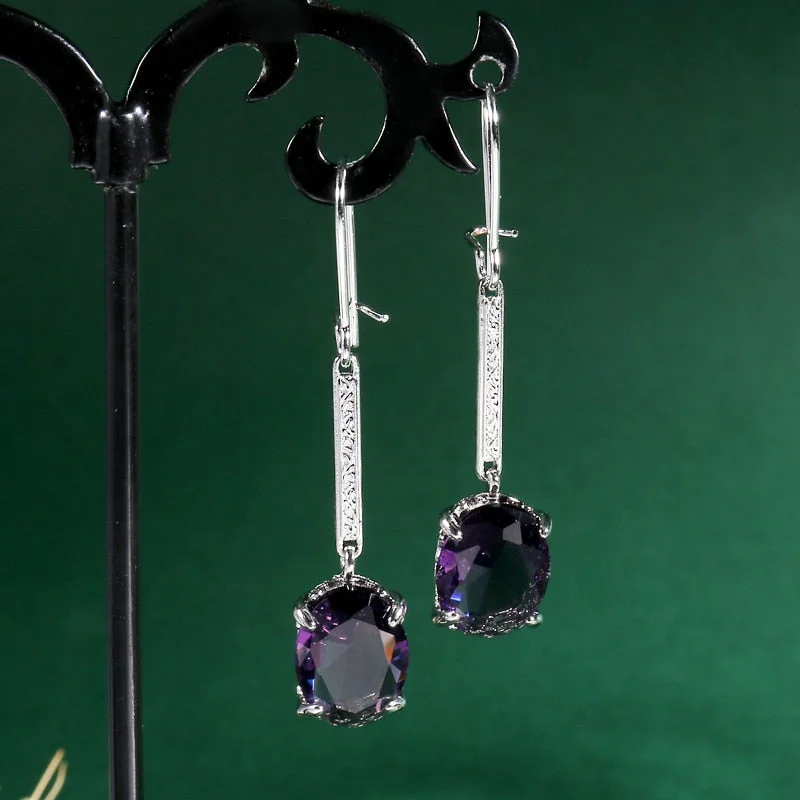 Trendy Women Earrings Delicate Silver Color Inlay Purple Oval Stone Hook Dangle Earrings for Women Wedding Engagement Jewelry