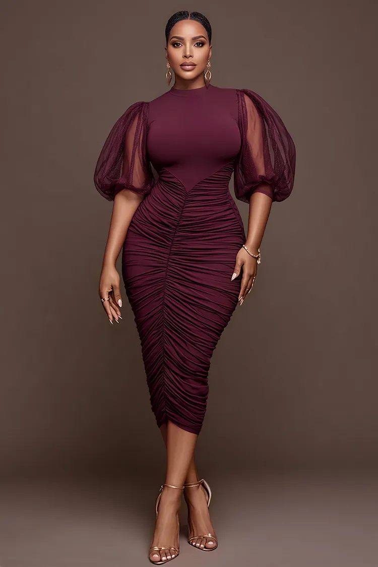 Xpluswear Design Plus Size Cocktail Party Burgundy Round Neck Puff Sleeve Short Sleeve Fold Bodycon Tulle Midi Dresses [Pre-Order] 2024 - Xpluswear