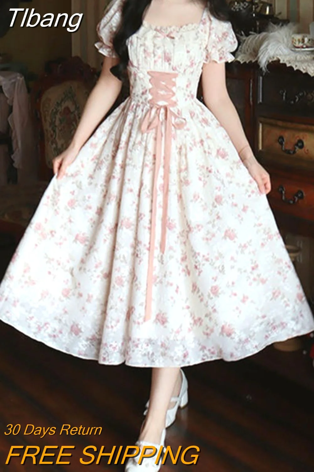 Tlbang Korean Fashion Lace Fairy Dress Women Square Collar Princess Kawaii Floral Print Dress Female Bandage Sweet Dress 2023
