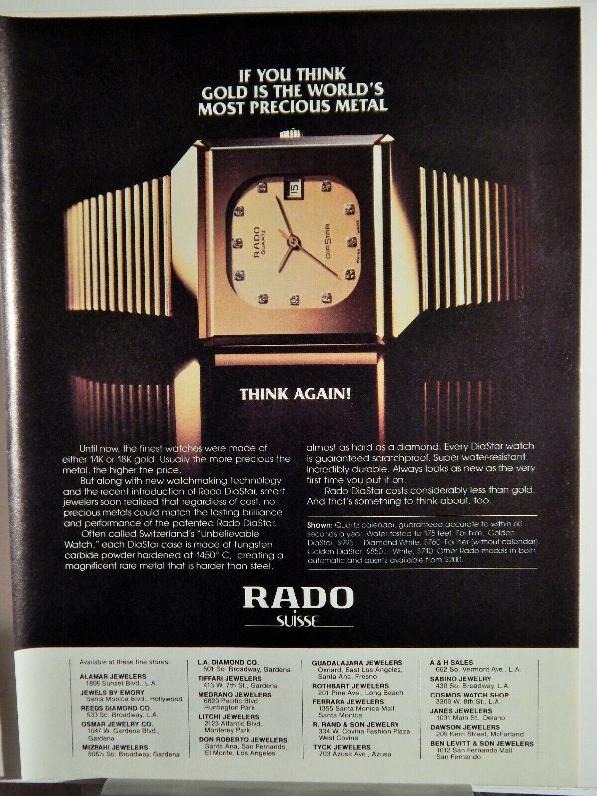 RADO DIASTAR WRISTWATCH / BLACK & WHITE SCOTCH ORIG VTG 1980 Photo Poster painting AD,