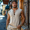 Vintage Casual Linen Vest Henley Collar Sleeveless T-shirt by Inlyline