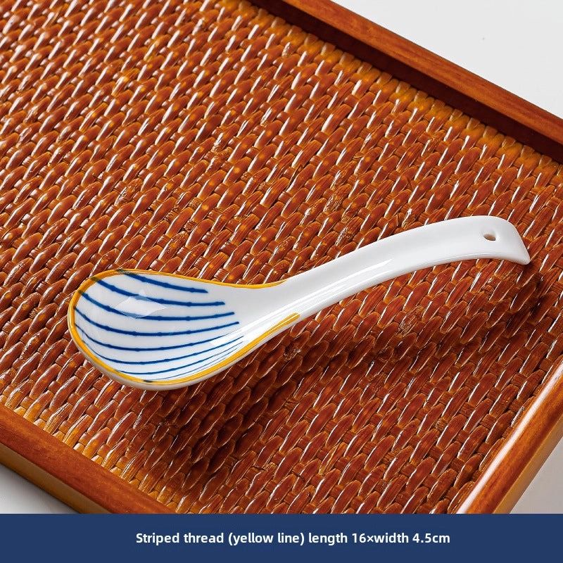 Japanese Style Small Soup Spoon Creative Blue And White Ceramic Spoon Household Thickened Curved Handle Anti-scalding Food Soup Spoon