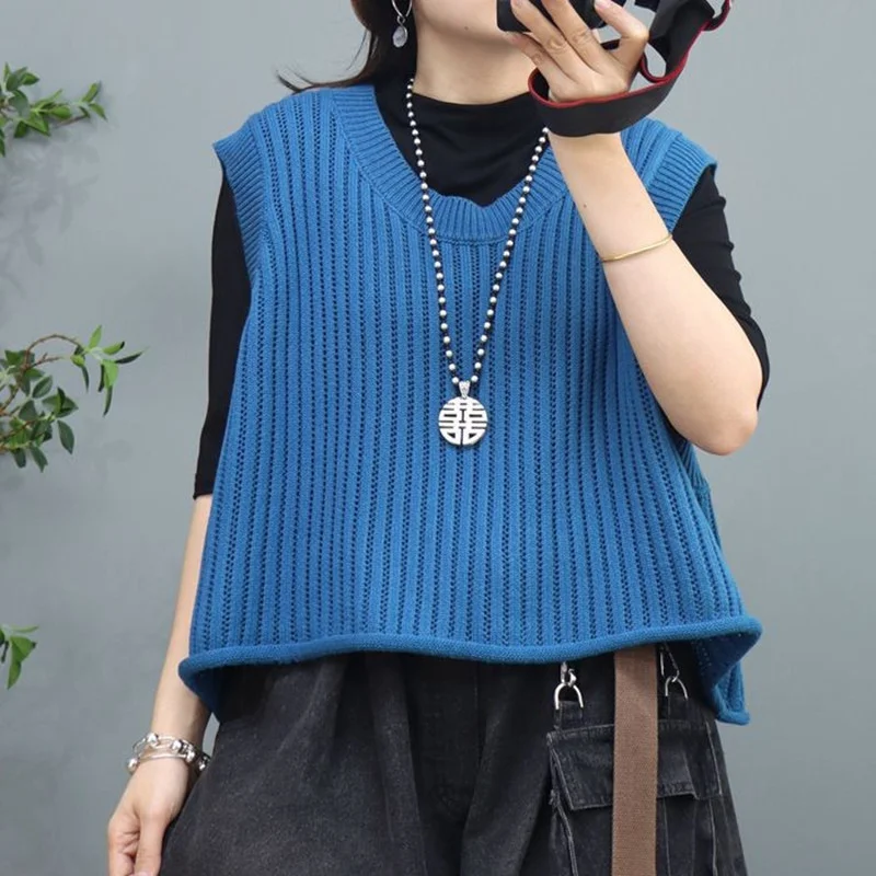 Toloer Toloer Spring And Autumn New Fold Wear Solid Color Horse Clip Vest Retro Loose Short Round Collar Knit Vest Woman-Outfit Ideas