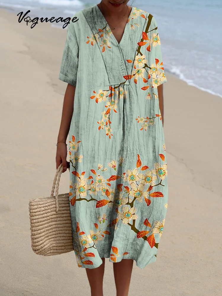 Simple Stylish And Elegant Flowers Printed Women's Casual Cotton And Linen Dress