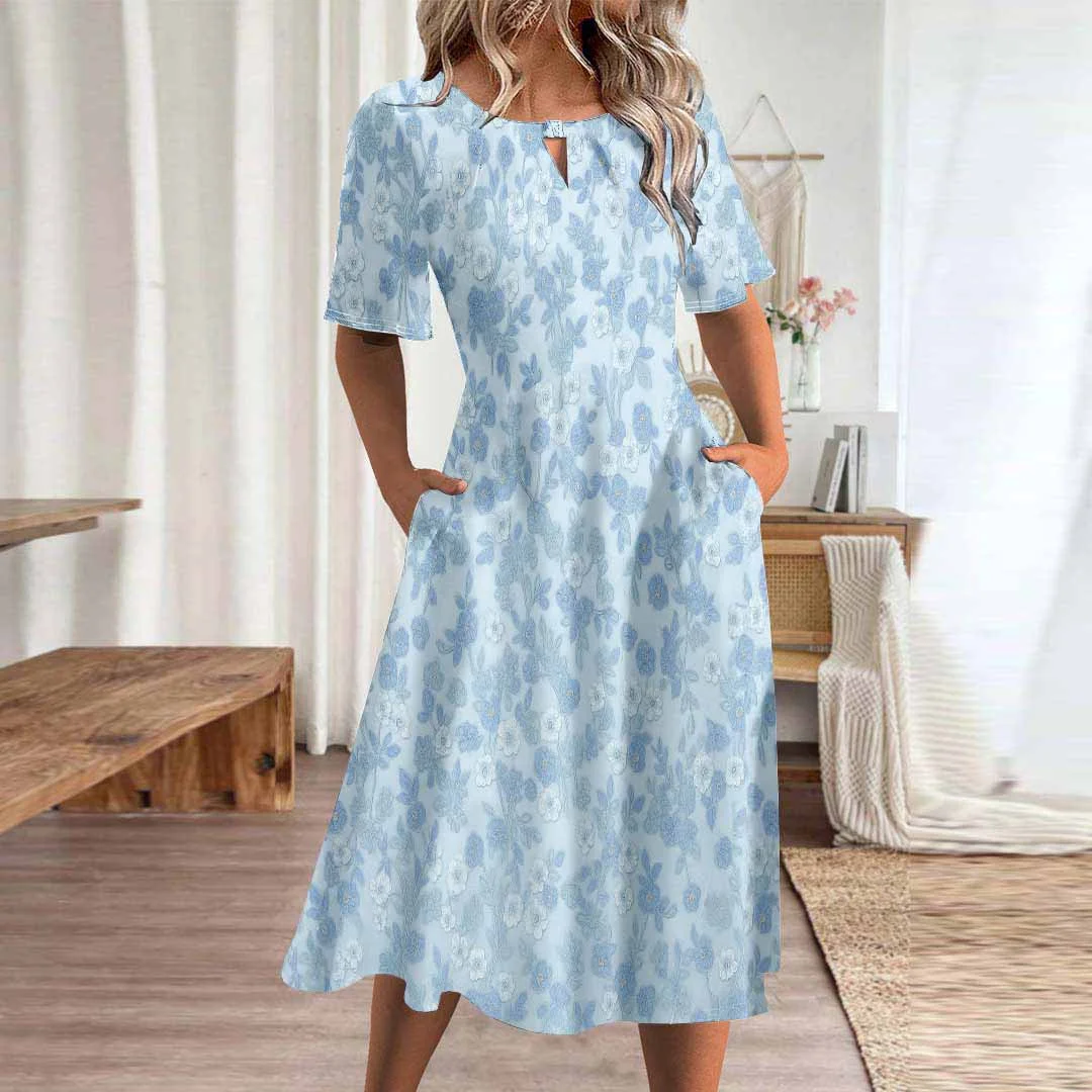 Women Floral,Blue DZHA8214 Short Sleeve Scoop Neck Graphic Printed Hollow Midi Dress