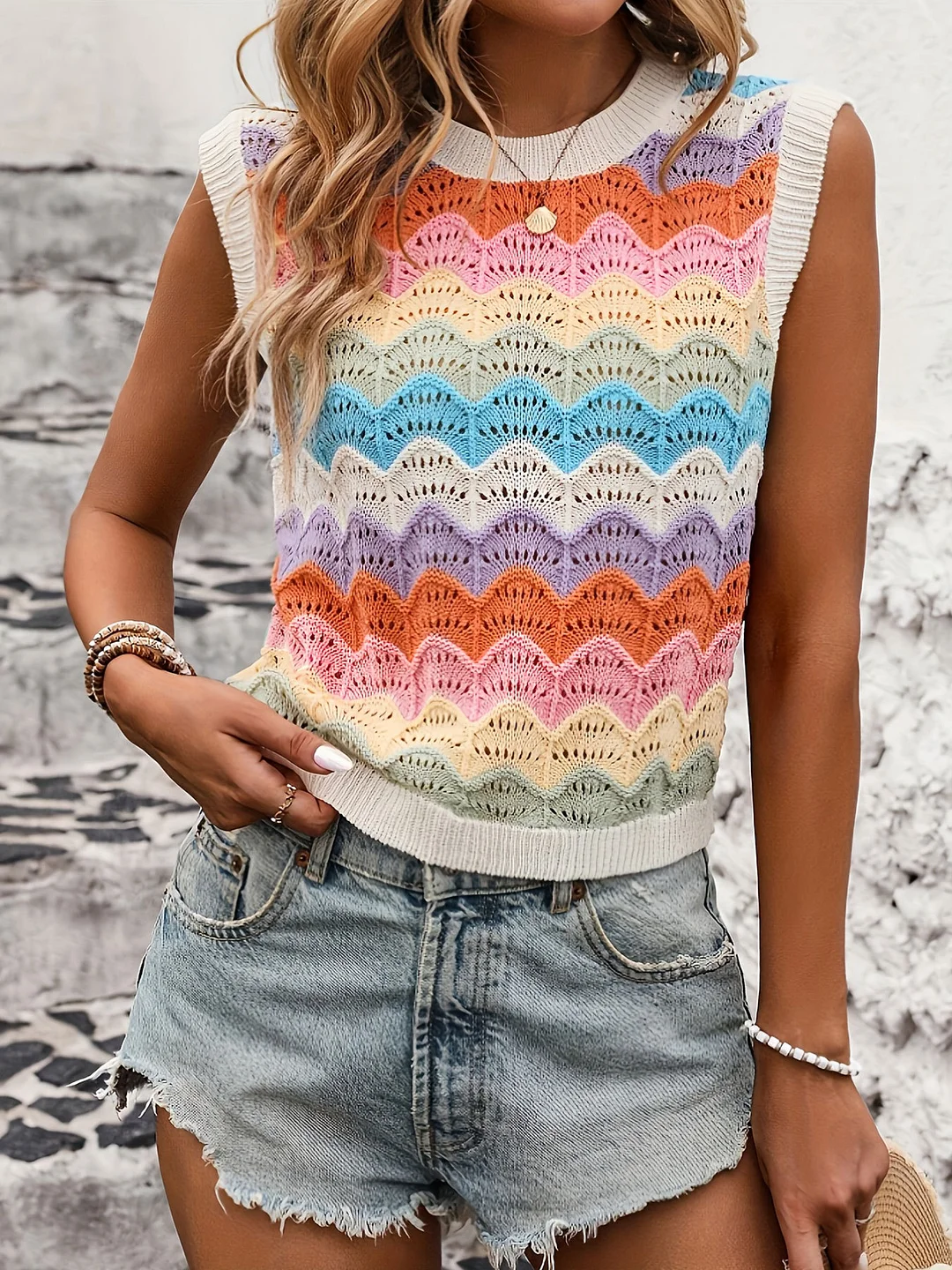 Athvotar Athvotar Sleeveless Knitted Shirt Retro-Colly Rainbow Vest Top Women's Clothing