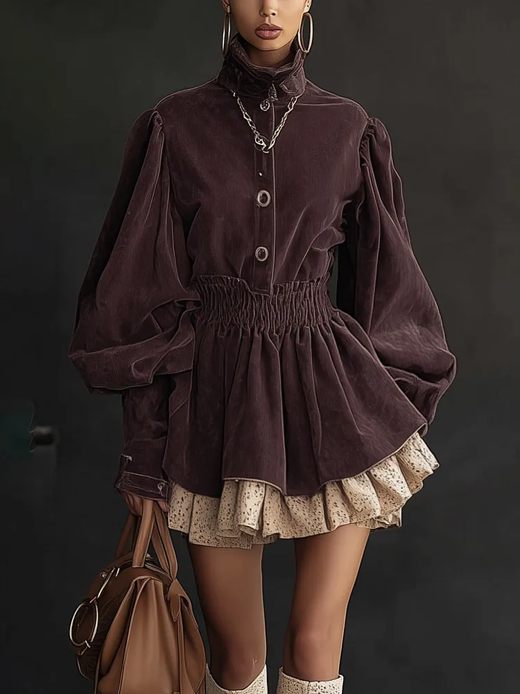 Dark Purple Velvet Lace Trimmed Turtleneck Long Sleeve  Mini Dress