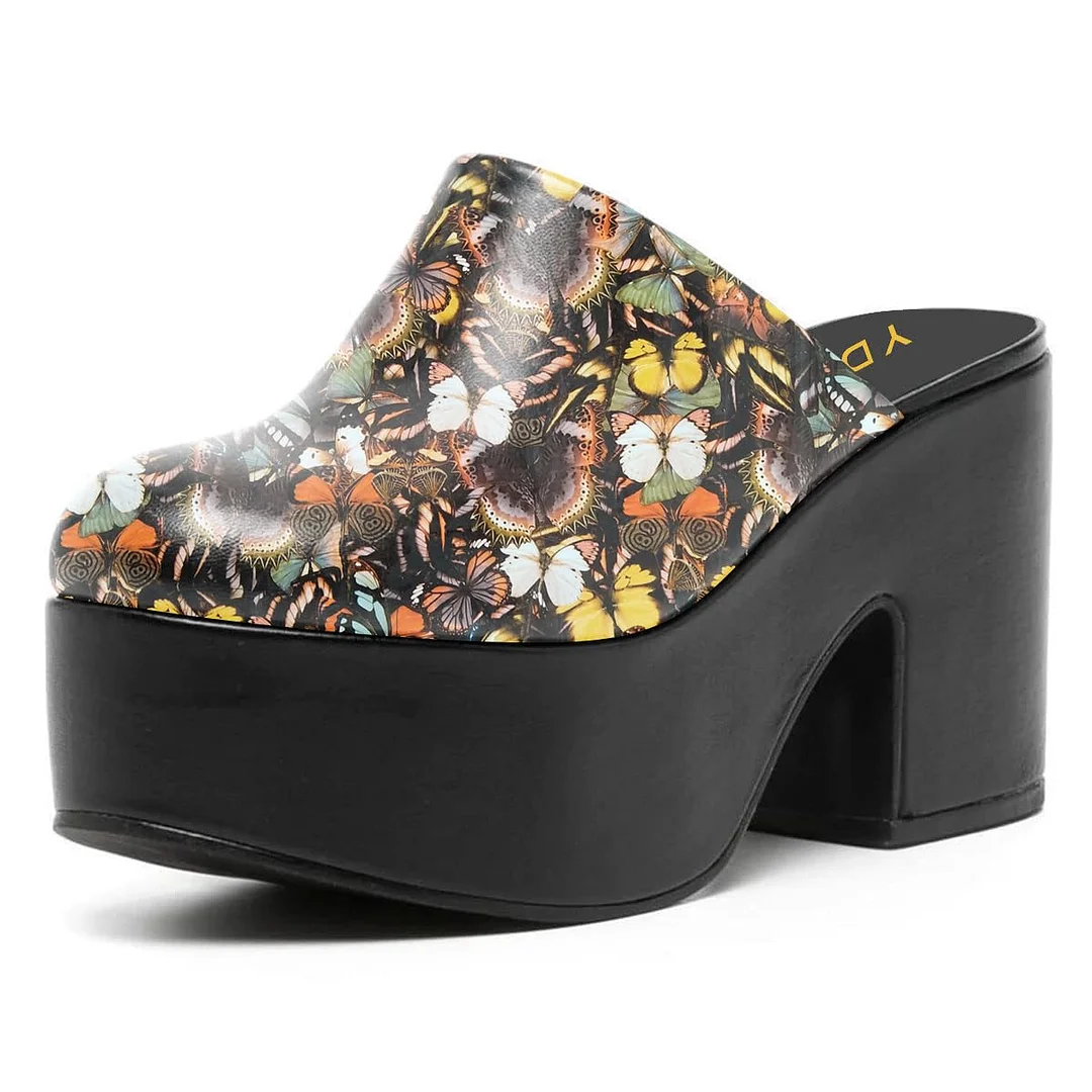 Multicolor Butterfly Print Round-Toe Platform Mules with Block Heel