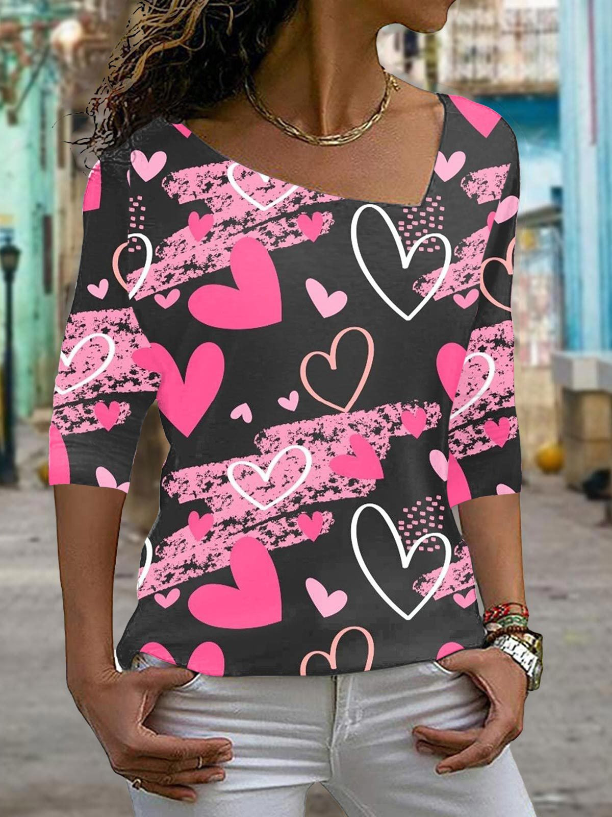 Women Long Sleeve V-neck Graphic Floral Printed Top