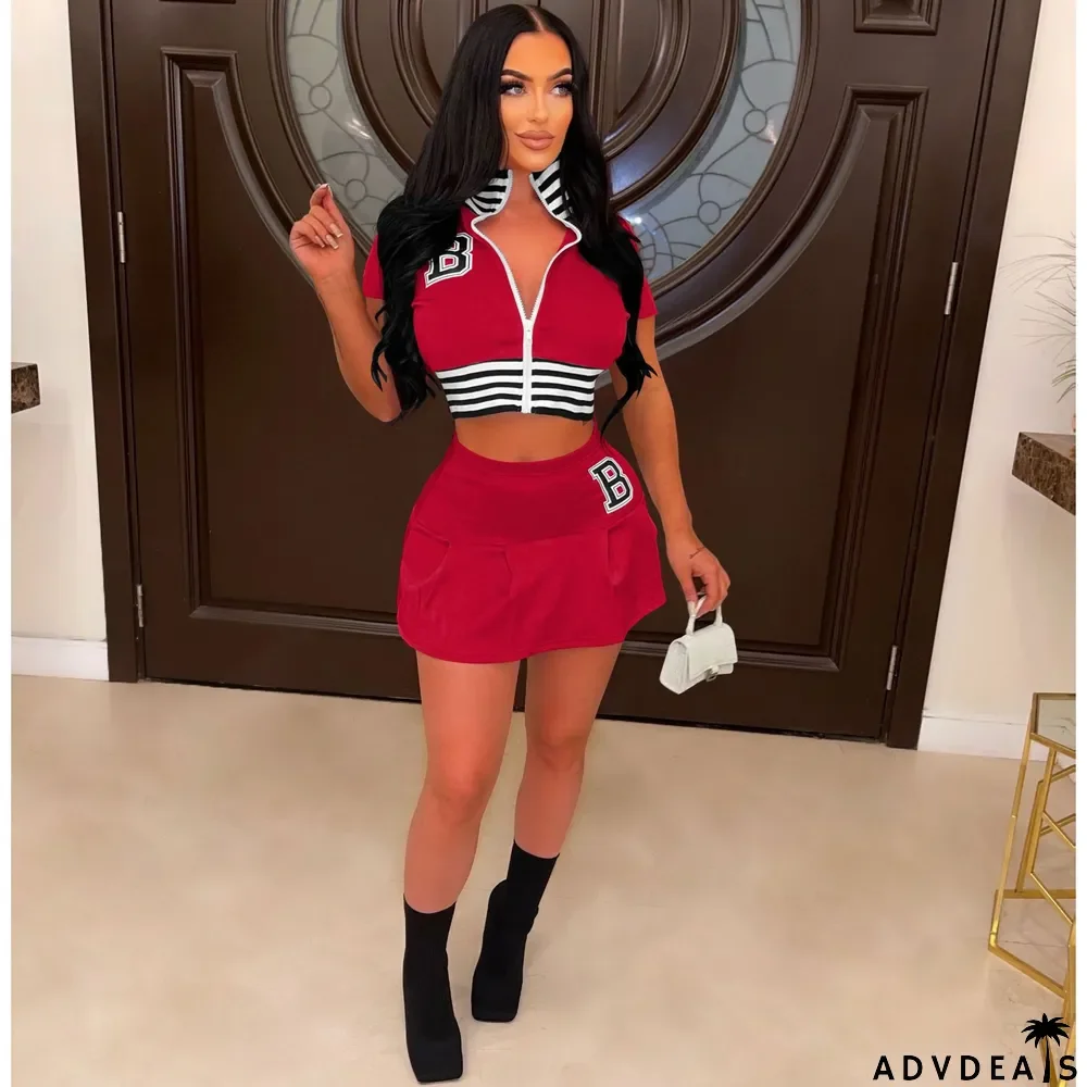 Women'S Summer Short-Sleeved Embroidery Two-Piece Skirt Suit