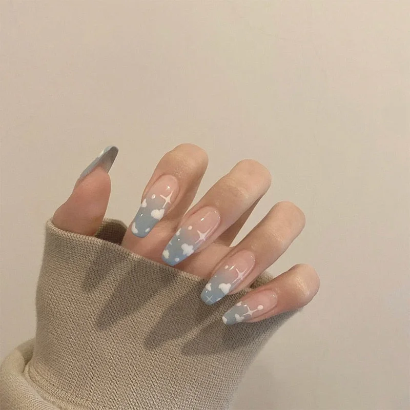 24pcs Long Pointy Head Wearable Manicure fake nails with glue Fashionable Natural Blue Sky White Cloud Water Drop Beautiful nail-Nail Inspo