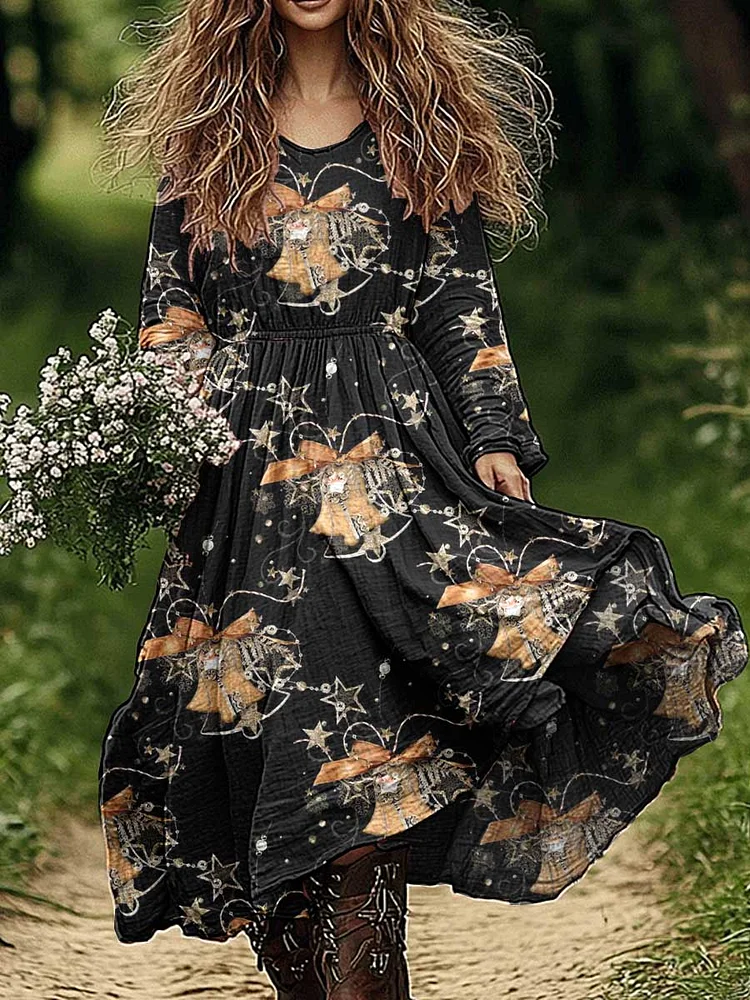 Womens Christmas Pattern Cotton and Linen Dress