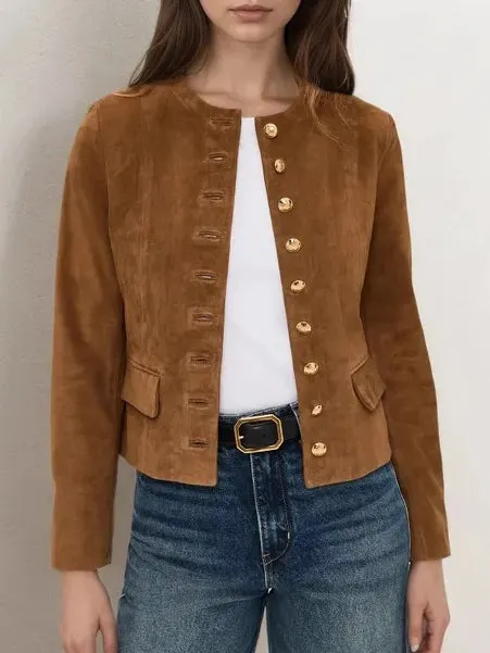 Brown Suede Single-breasted Cropped Jacket mysite idetrend