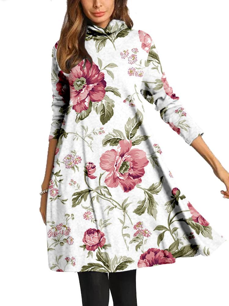 Women Long Sleeve Scoop Neck Printed Midi Dress