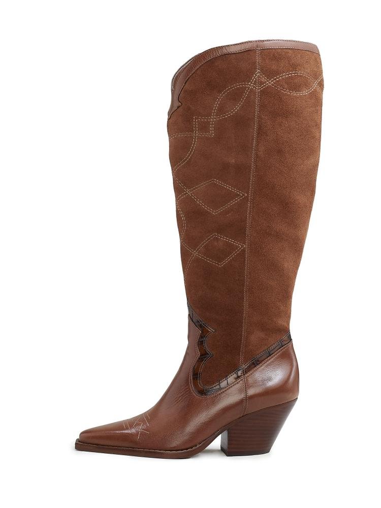 Snip Toe Topstitching Wide-Calf Cuban Heel Cowgirl Western Knee-High Boots