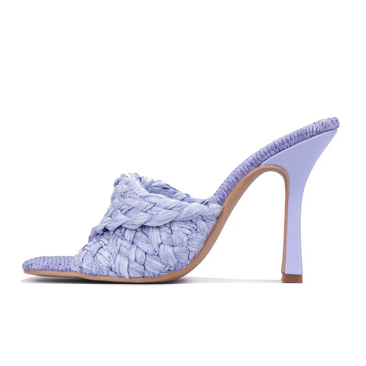 Light Purple Square Toe Twisted Strap Woven High Heel Mules for Women |FSJ Shoes