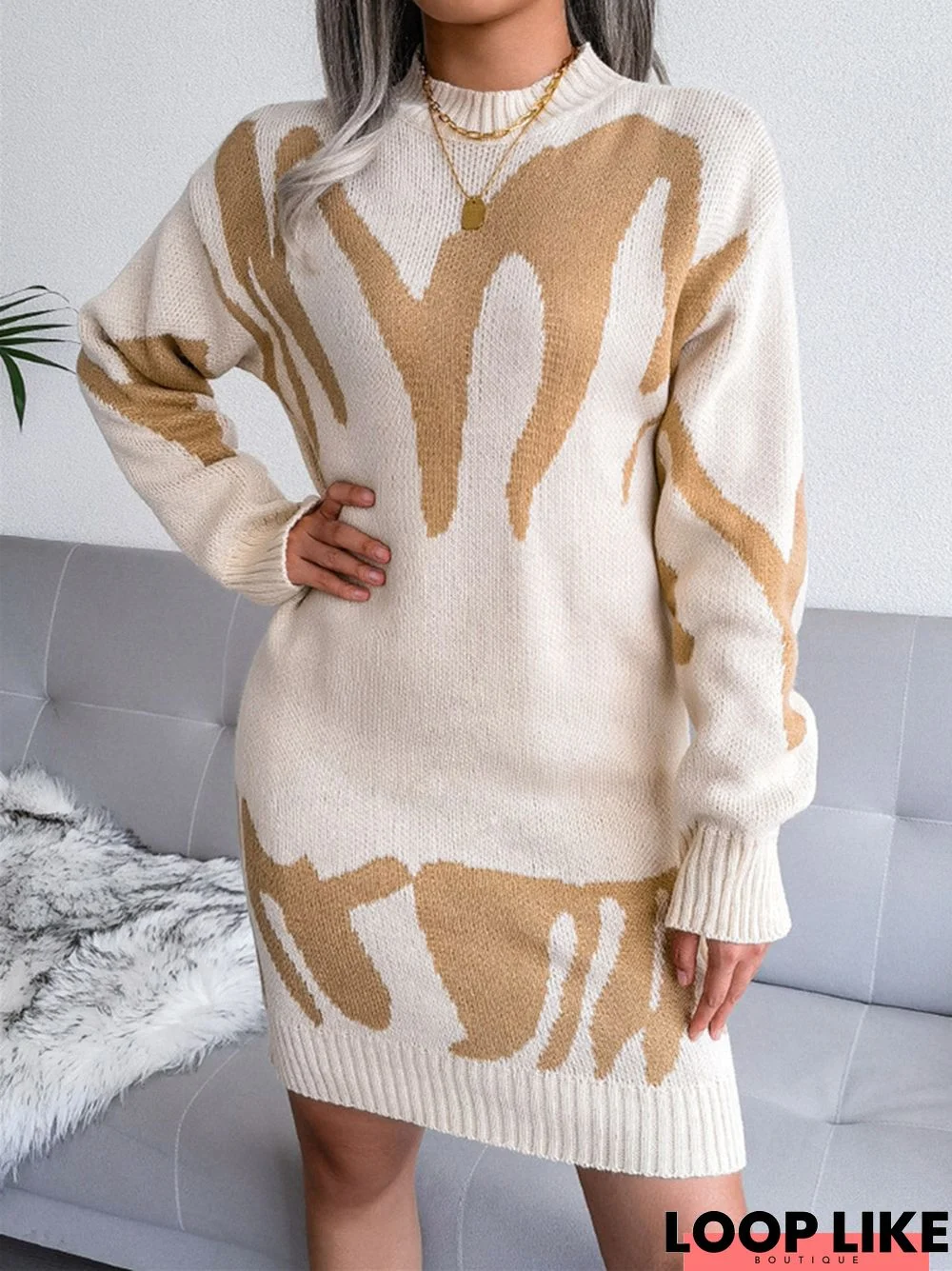 Casual Round Neck Knitted Long Sleeve Dress