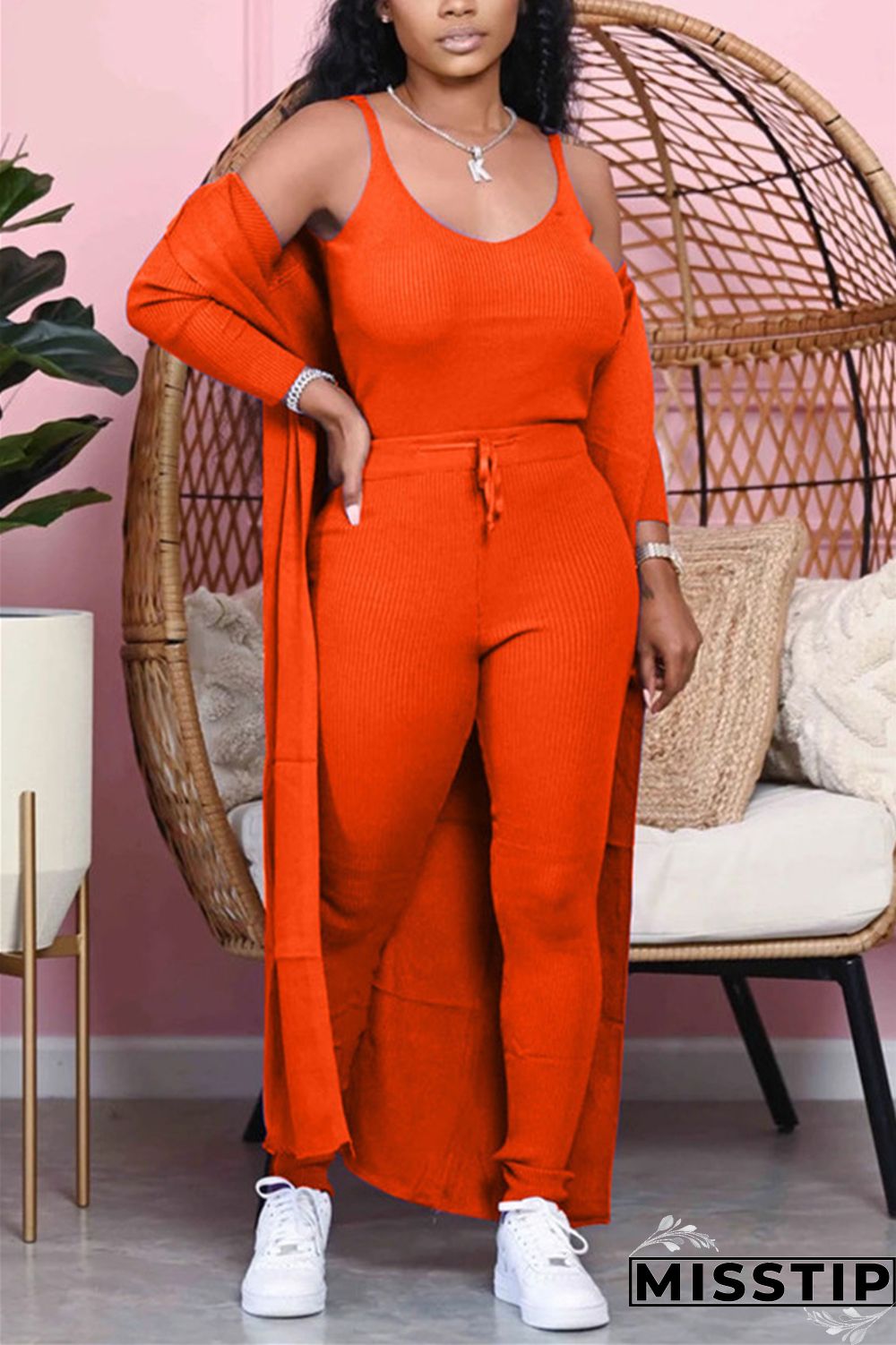 Orange Casual Sportswear Daily Living Pit Article Fabrics Solid Frenulum Vests Pants Basic