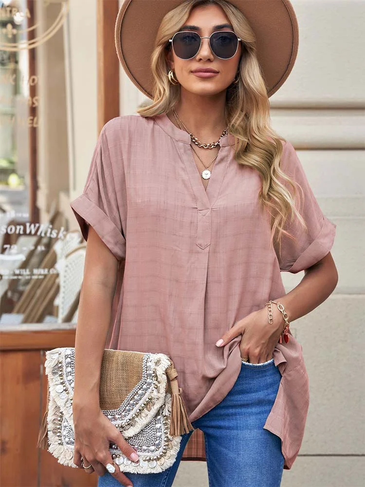 Summer Plaid Blouses For Women Fashion V Neck Short Sleeve Loose Office Work Lady Shirts Tops Oversized Elegant Casual Blouse