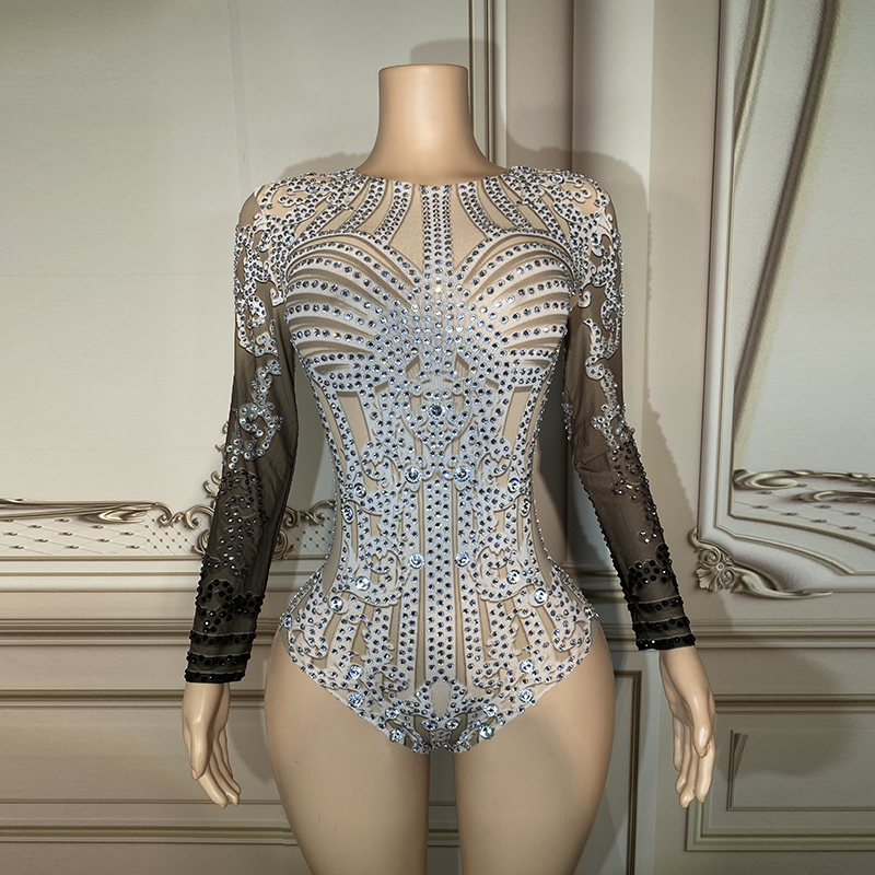 TAAFO  Apparel Women Jumpsuit Bodycon Rompers Rhinestone Bodysuit For Club Stage Performance Wear