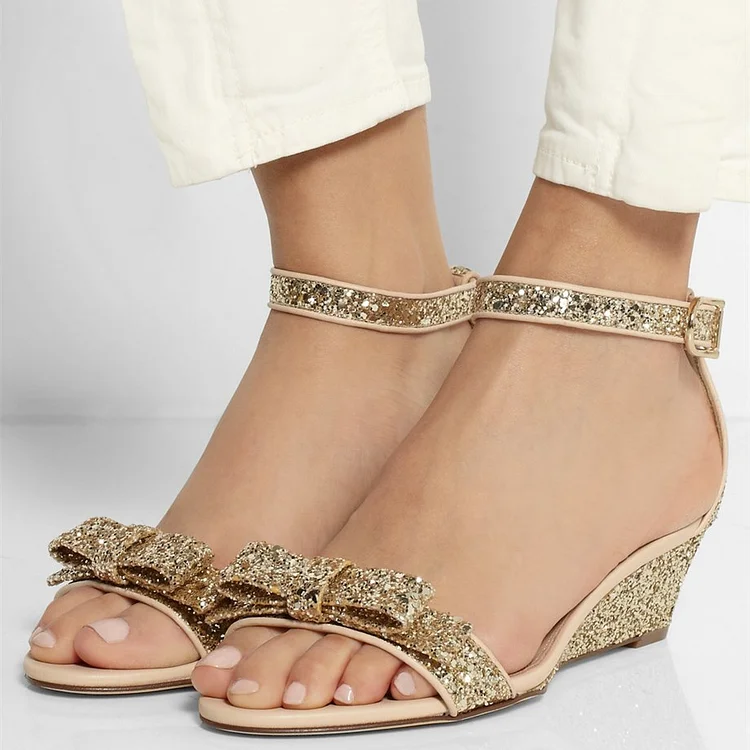 Golden Glitter Wedge Sandals with Bow Vdcoo