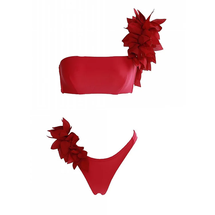 3D Flower One Shoulder Red Bikini Swimsuit Flaxmaker 