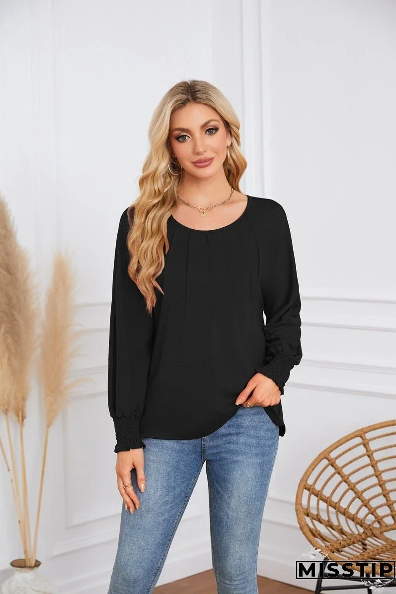 Women's Round Neck Pleated Long Sleeve Casual Blouses