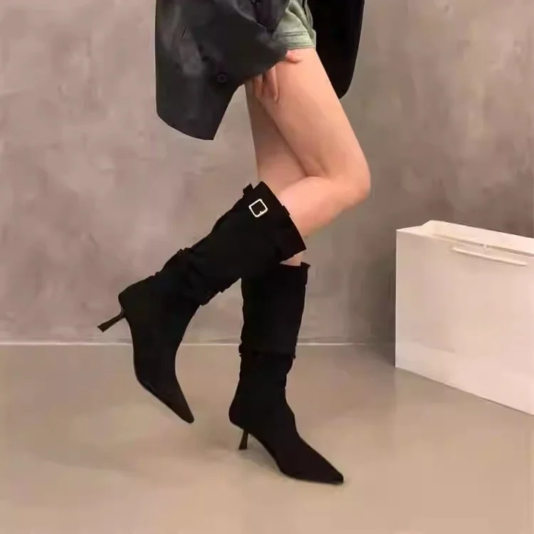 Breakj Breakj High-Heeled Kart Thin-Skinny Boots Women's Shoes 2025 Summer Retro Pile Boots In The Barrel Knight Boots