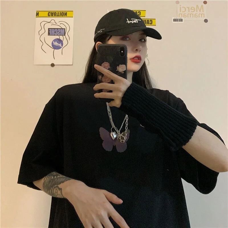 T-shirts Women Short Sleeve Reflective Butterfly Print Crop Tops Couple Brandy Streetwear Chic Casual Loose Fashion Vintage Tees
