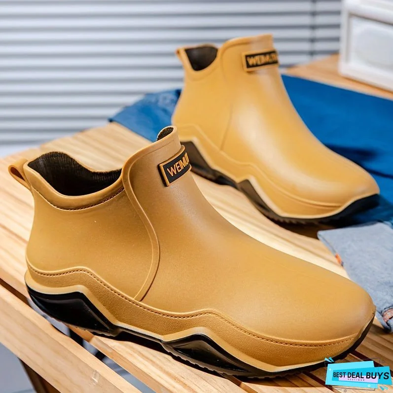 Men's Solid Color Classic Slip On Waterproof Rain Boots, Comfy Non Slip Durable Casual Water Shoes For Men's Outdoor Activities