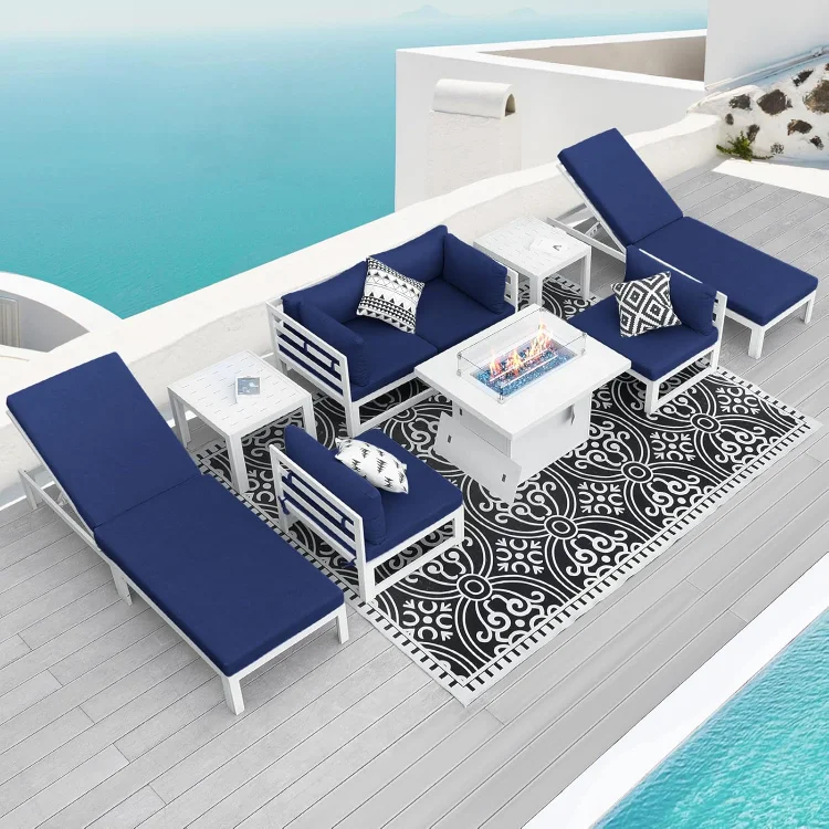 9 Pieces Aluminum Patio Furniture Set with Fire Pit Table, White Outdoor Conversation Set with Navy Blue Olefin Cushion