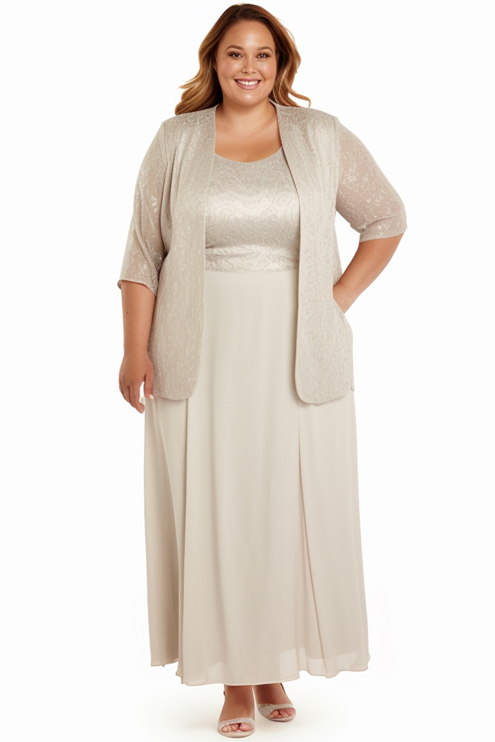 Flycurvy Plus Size Mother Of The Bride Beige Chiffon Pocket 3/4 Sleeve Two Piece Maxi Dress With Jacket