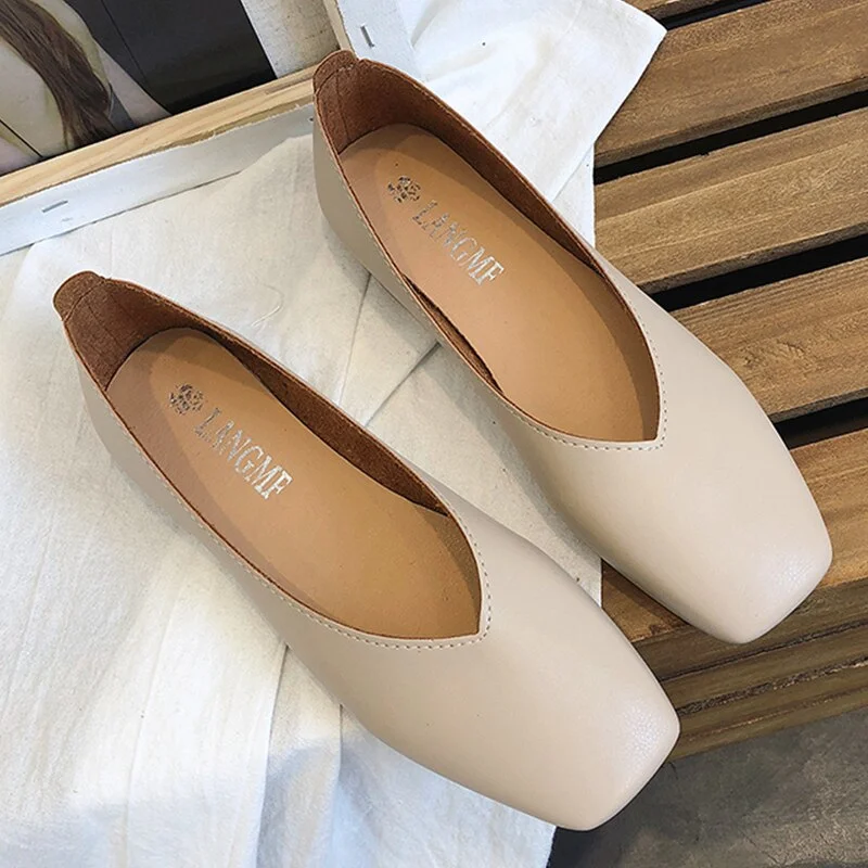 Fashion Women Flat Shoe  Elegant Shallow Low-heeled Sandals 2022 Beige Korean Slippers Square Toe Slip-on Simple Woman Shoes