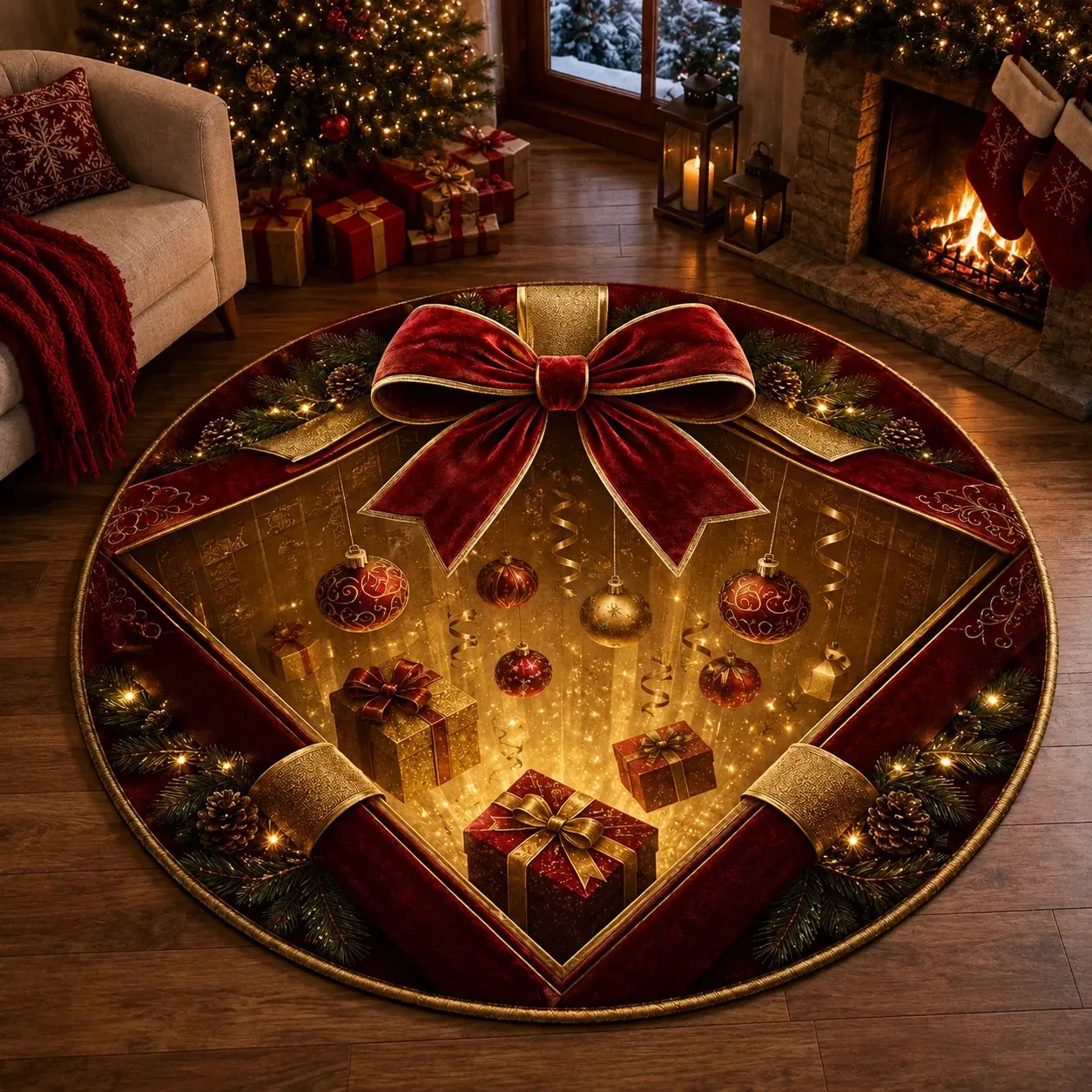 Magic Christmas Gift Box rug by fireplace