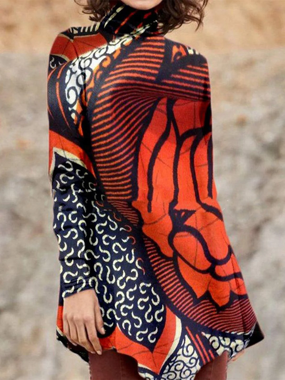 Women Long Sleeve Turtle Neck Asymmetrical Printed Graphic Tops
