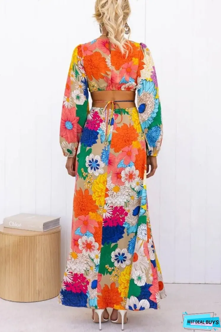 Autumn New Long Sleeve Dopamine Print Lace up Waist Holiday Street Fashion Dress