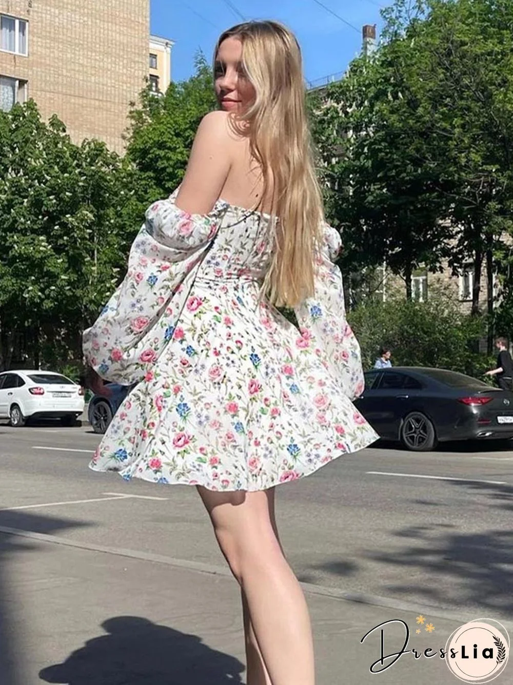Floral Dress Women Lantern Long Sleeve Ruched Print A Line Square Neck Tie Up Mini Vestidos Sexy Chic Summer Beach Dress