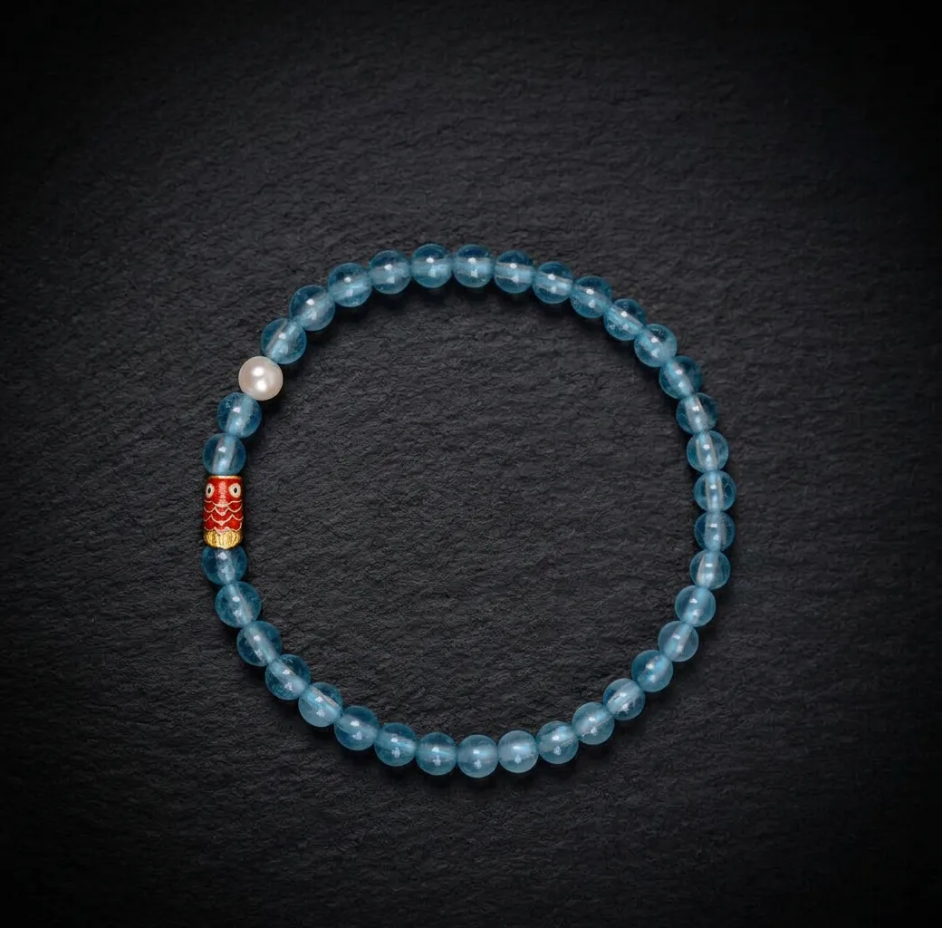 JiStones "Eternal Flow" Cloisonn&eacute; Koi & Aquamarine Slim Bracelet Classic 6mm - Azure Serenity