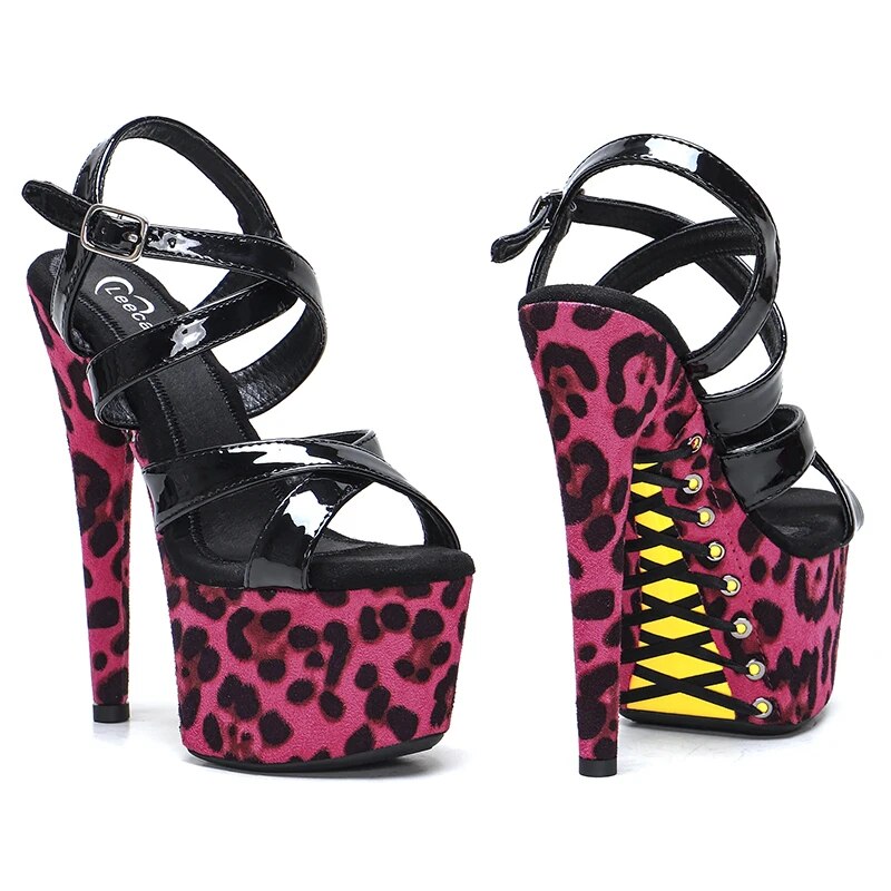 TAAFO 17CM/7Inch Patent PU Leopard Platform Sandals Party High Heels Shoes Pole Dancing Shoes