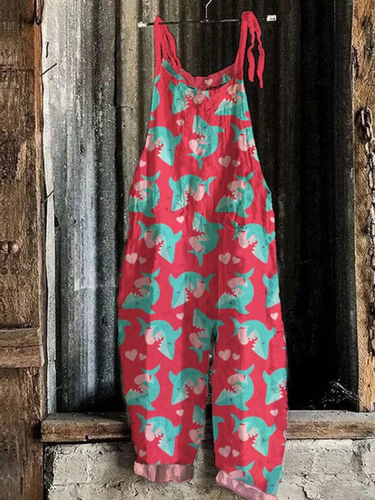 Love Cartoon Sharks Print Linen Blend Jumpsuit