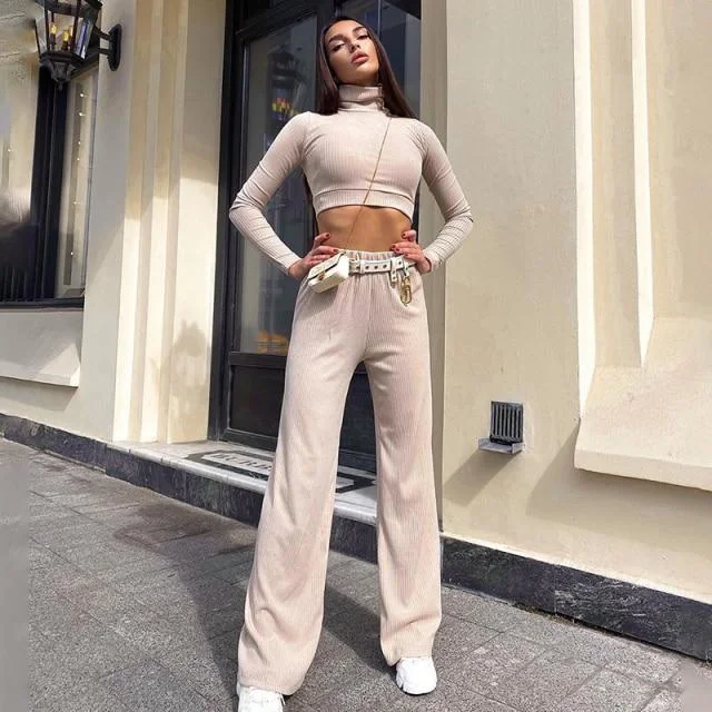 InstaHot Women Two Piece Wide Leg Pant Set And Crop Top Autumn Casual Elegant Turtleneck Minimalist Classic Outfit Female