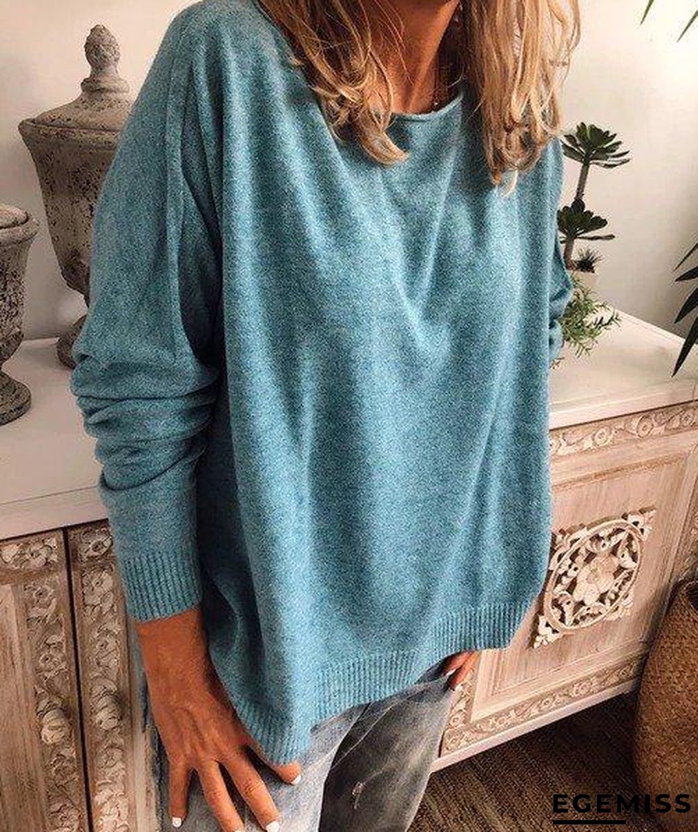 Blue Long Sleeve Cotton Plus Size Sweater | EGEMISS