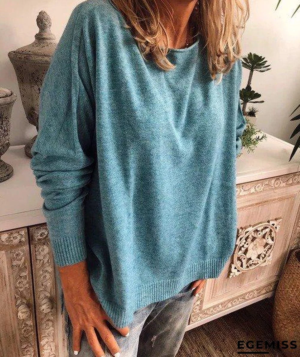 Blue Long Sleeve Cotton Plus Size Sweater | EGEMISS